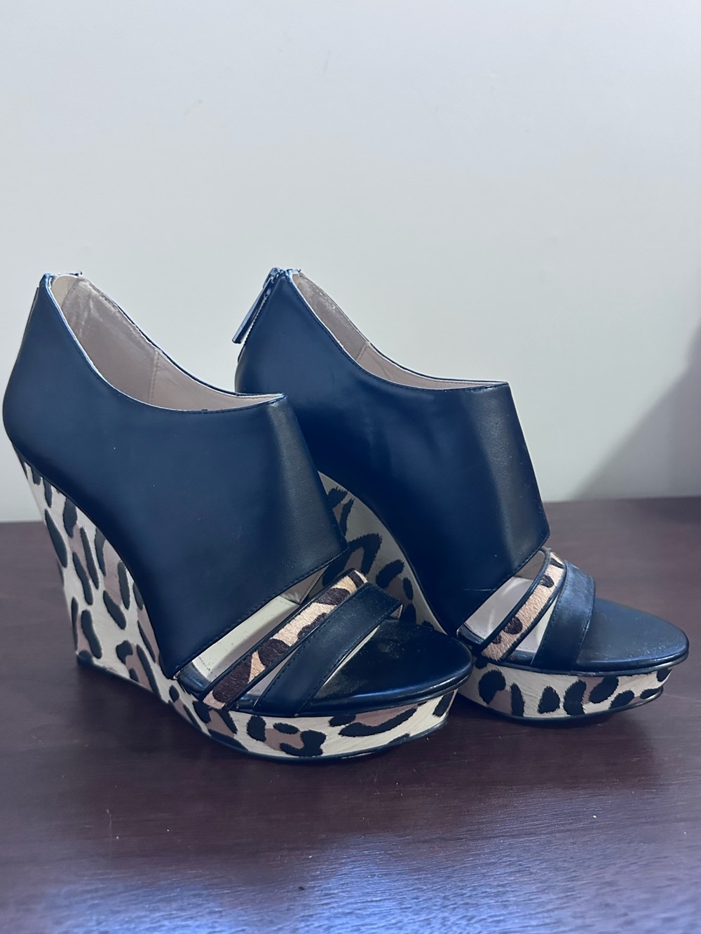 Women's Black Wedge Sandals with Leopard Print Platform 4.5”
